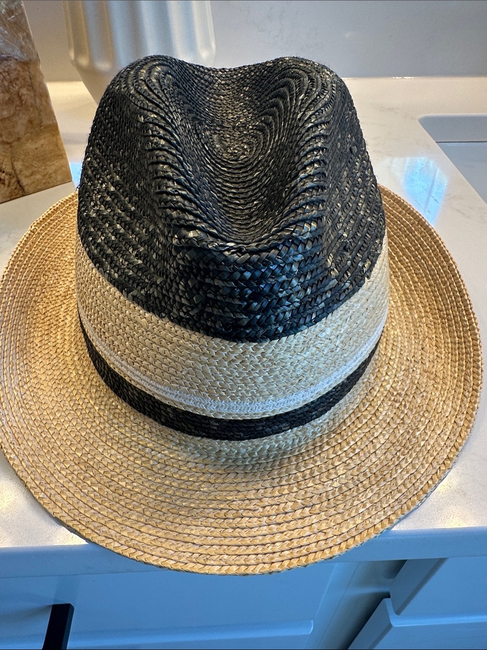 Prada Black and Natural Straw Fedora with Logo Patch